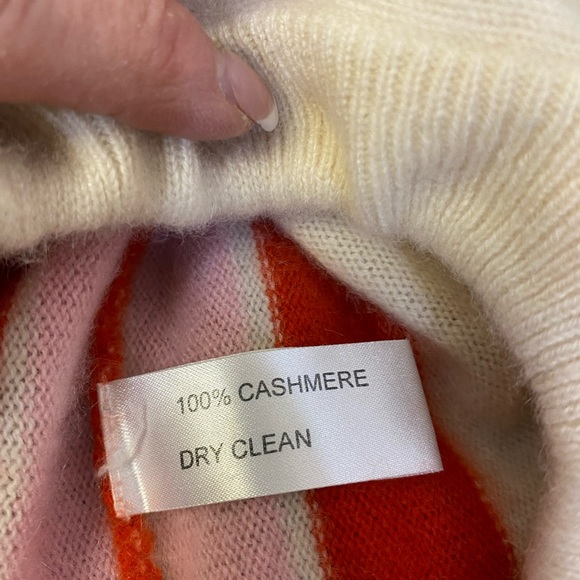 Dinameta Vintage Cashmere V Neck Sweater Drawstring Waist Cream Red Pink Stripe - Picture 6 of 7